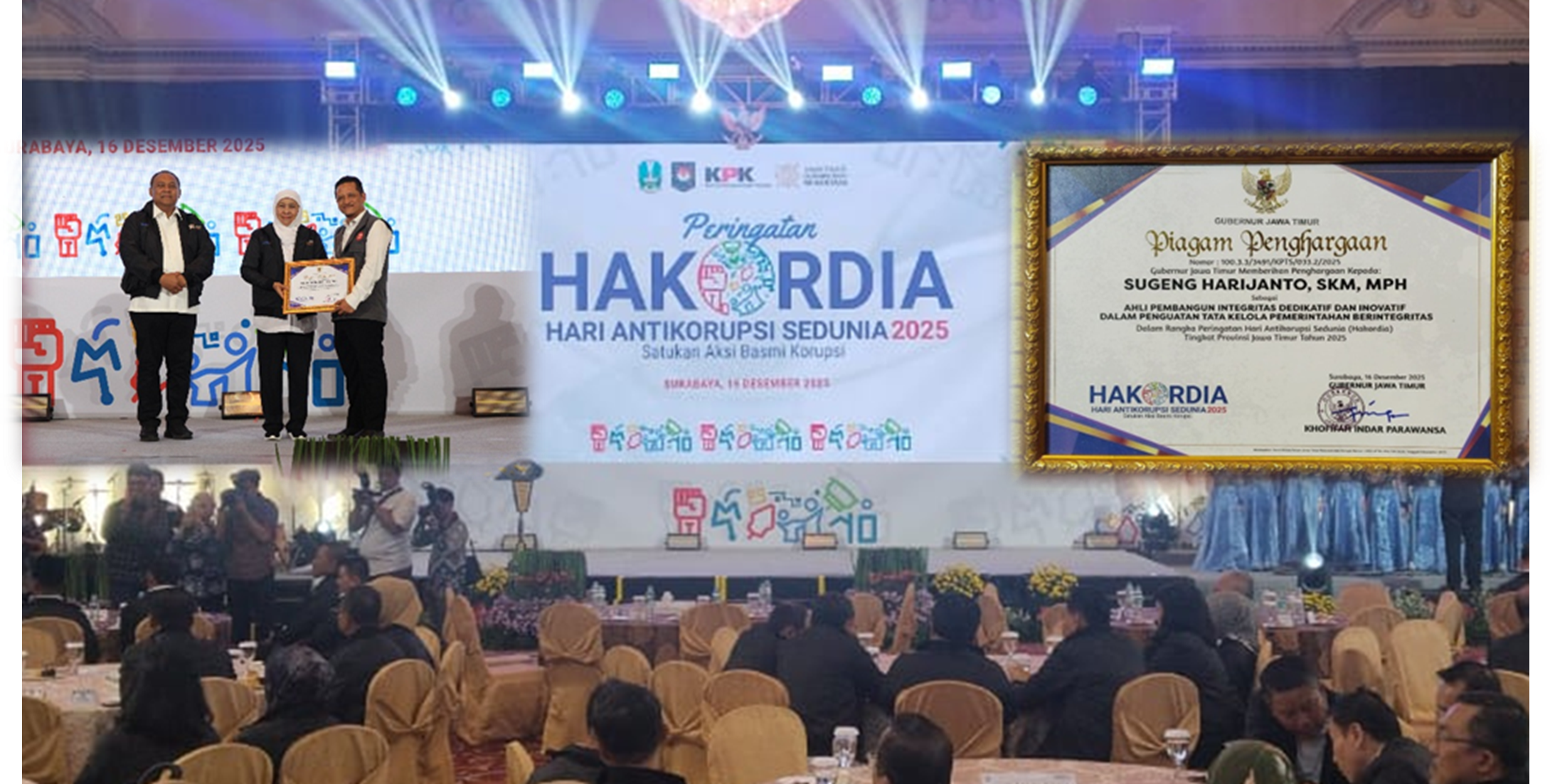 Ahli Pembangunan Integritas (API) RSUD Haji Provinsi Jawa Timur Mendapat Penghargaan dari Gubernur Jawa Timur pada Peringatan HAKORDIA 2025 di Jawa Timur.