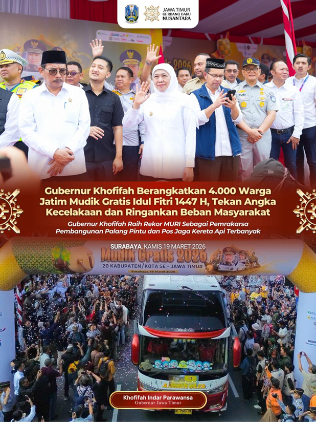 Gubernur Khofifah Berangkatkan 4.000 Warga Jatim Mudik Gratis Idul Fitri 1447 H, Tekan Angka Kecelakaan dan Ringankan Beban Masyarakat