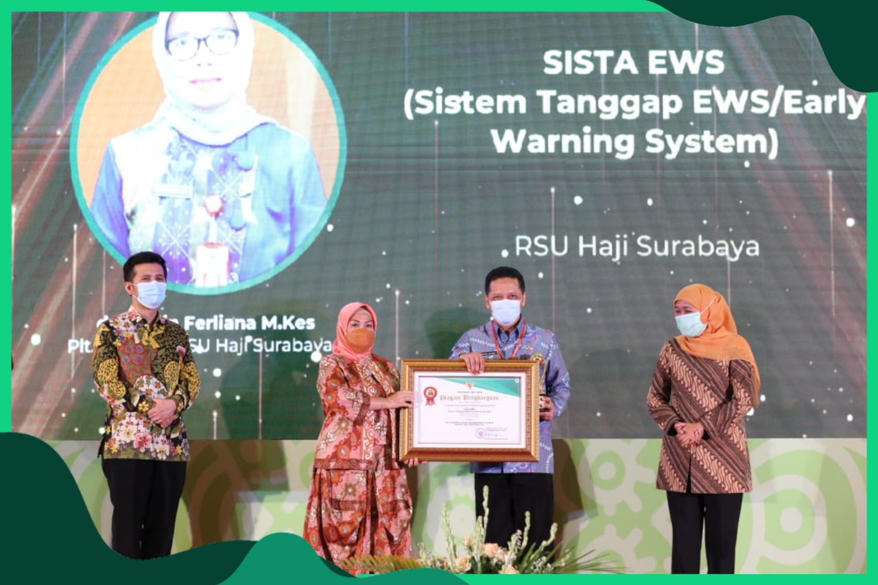 Penyerahan Penghargaan Top 45 Kompetisi Inovasi Pelayanan Publik (Kovablik) Jawa Timur Tahun 2020, di Batu, Jawa Timur, RSU HAJI Surabaya dengan Sista EWS  (SistemTanggap EWS/Early Warning System)
