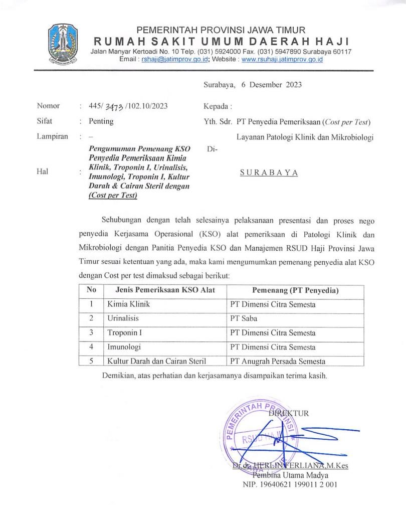Pengumuman Pemenang KSO Penyedia Pemeriksaan Kimia Klinik, Troponin I, Urinalisis, Imunologi, Kultur Darah dan Cairan Steril