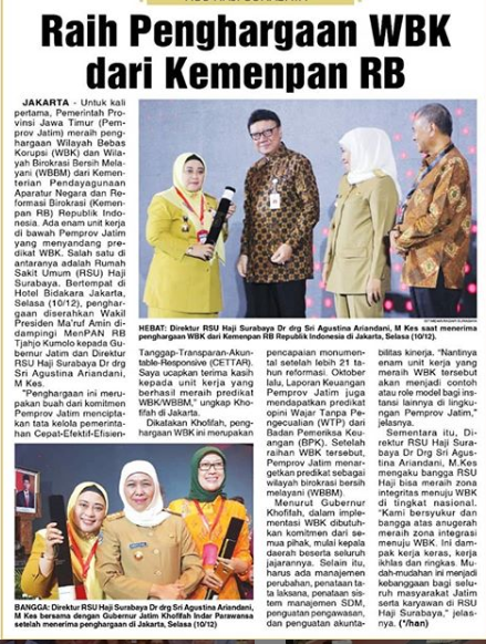 RSU Haji Surabaya mendapatkan Penghargaan Zona Integritas* dari Kementerian Pendayagunaan Aparatur Negara Reformasi dan Birokrasi (Kemenpan RB)